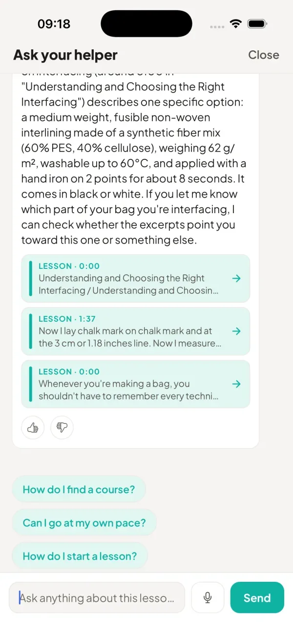 The helper answers from the lesson and links to moments in the video