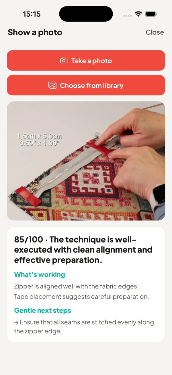 Written photo feedback on a zipper in progress