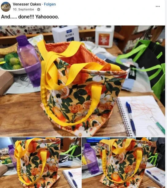 Facebook post by Venesser O.: And..... done!!! Yahooooo. Challenge tote with yellow handles