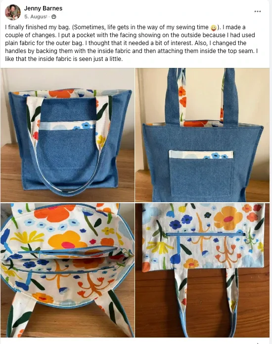 Facebook post by Jenny B.: I finally finished my bag. Denim challenge tote with floral lining