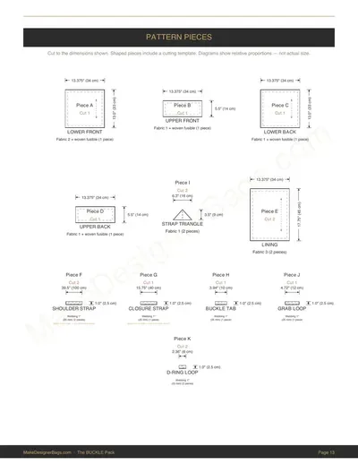 PDF page: overview of all pattern pieces with their measurements