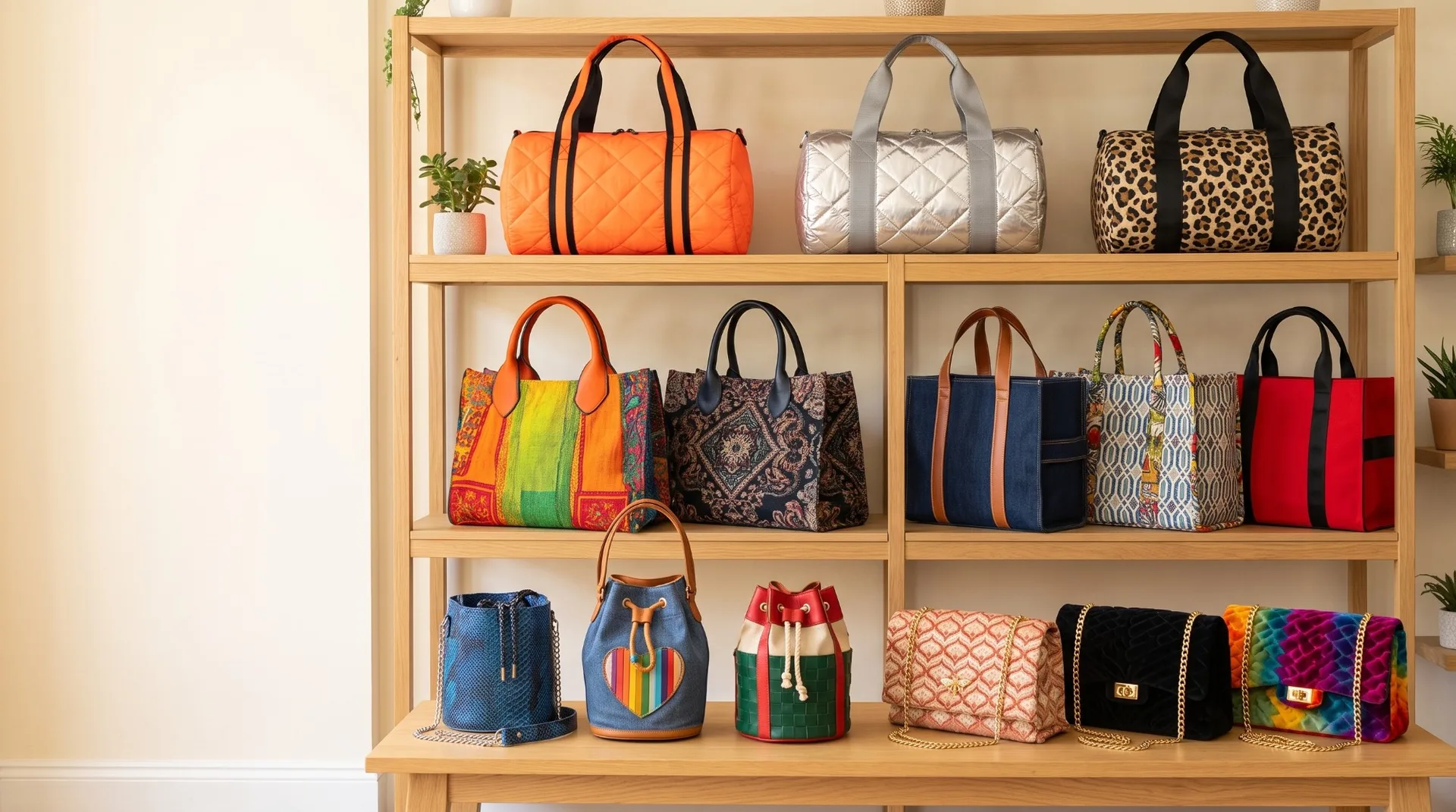 The five Capsule bag families: duffles, totes, boho totes, bucket bags and chain shoulder bags in many fabrics