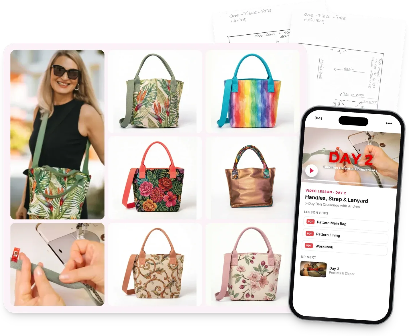 5-Day Bag Challenge: one tote pattern in six fabrics, video lessons with Andrea and printable PDF pattern