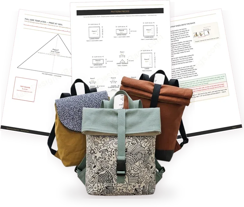 The three finished backpacks (FLAP, BUCKLE and ROLL Pack) in front of the pattern pages: pattern pieces, a full-size template and a step-by-step page