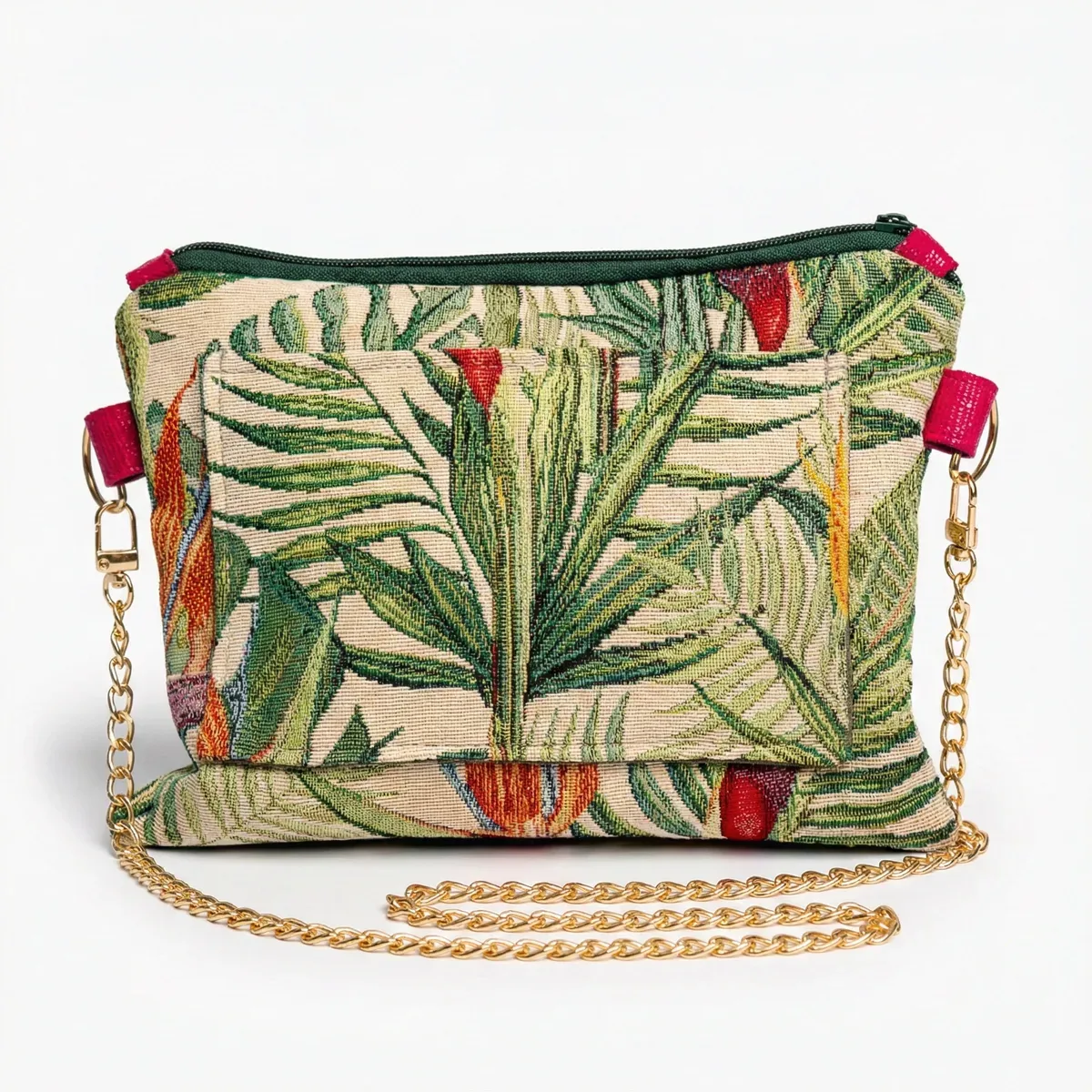 Elegant Crossbody Companion in tropical print with gold chain