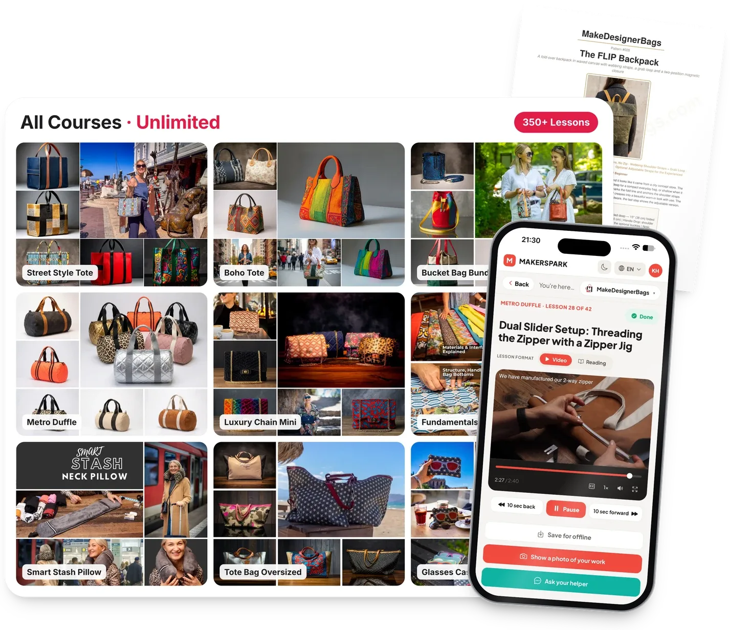 Unlimited: every course with 350+ video lessons, a Metro Duffle lesson in the MakerSpark app, and Pattern of the Week patterns
