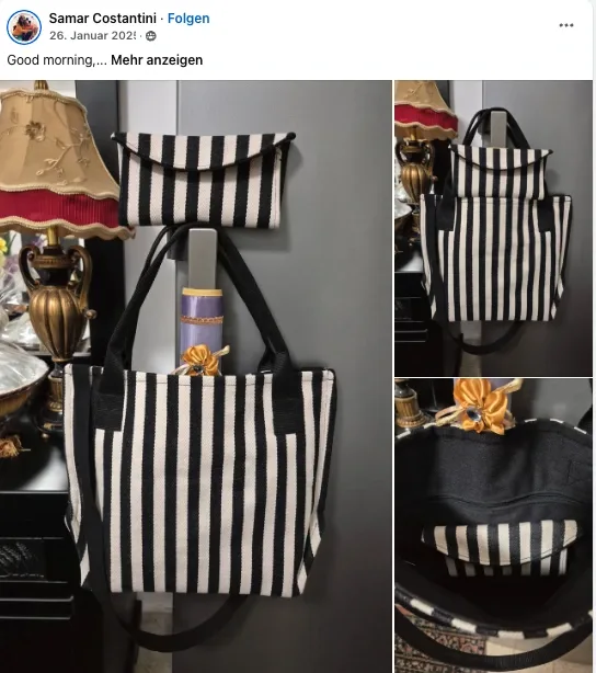 Facebook post by Samar C.: striped challenge tote with the matching clip-on glasses case