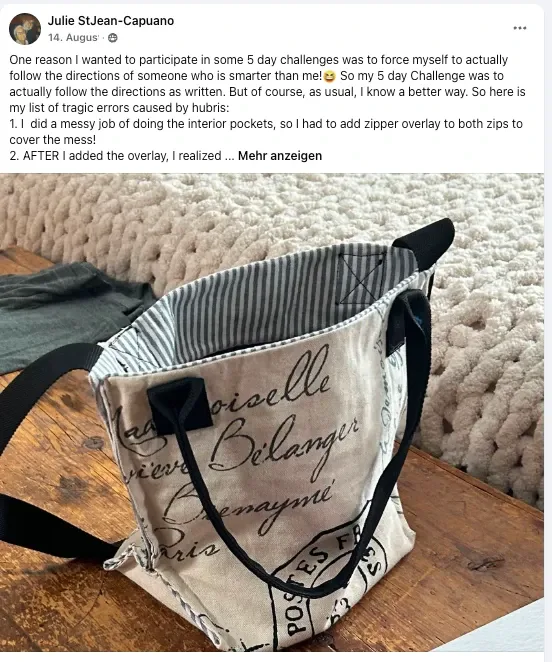 Facebook post by Julie S.: my 5 day challenge tote with script print fabric