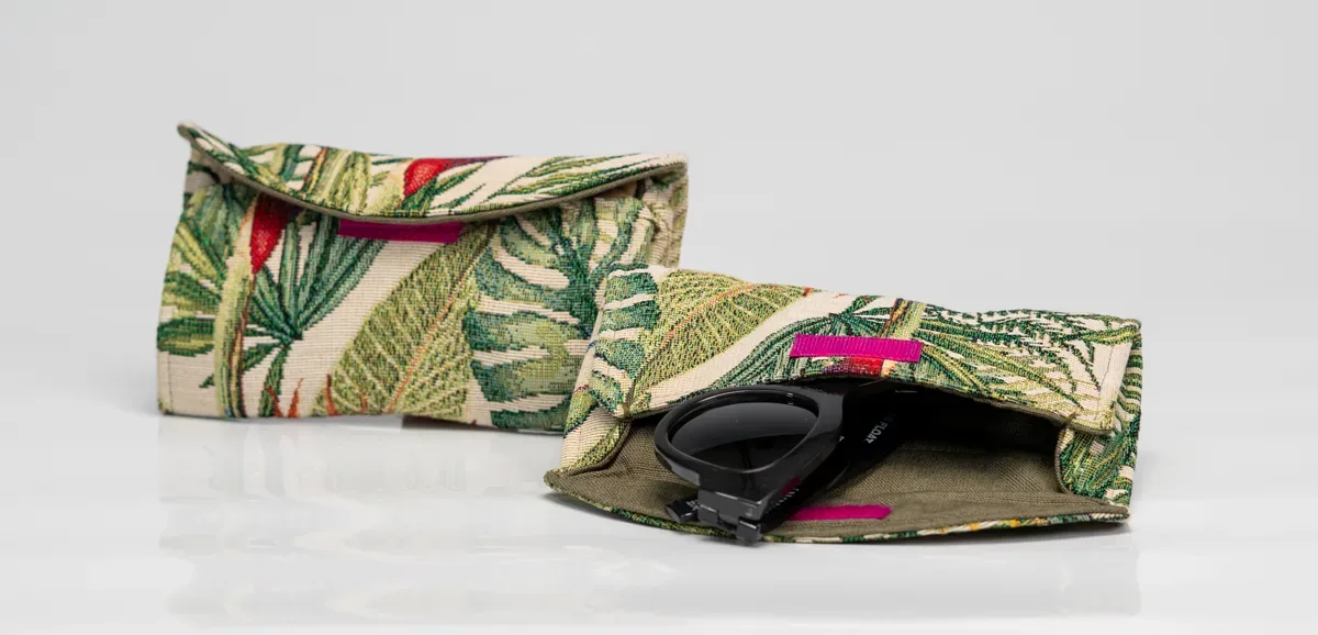 Clip-on glasses cases in tropical print with sunglasses