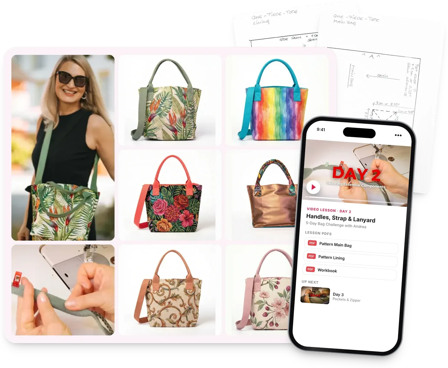 5-Day Bag Challenge: one tote pattern in six fabrics, video lessons with Andrea and printable PDF pattern
