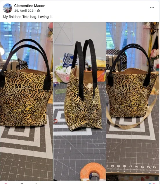 Facebook post by Clementine M.: My finished Tote bag. Loving it. Leopard print challenge tote