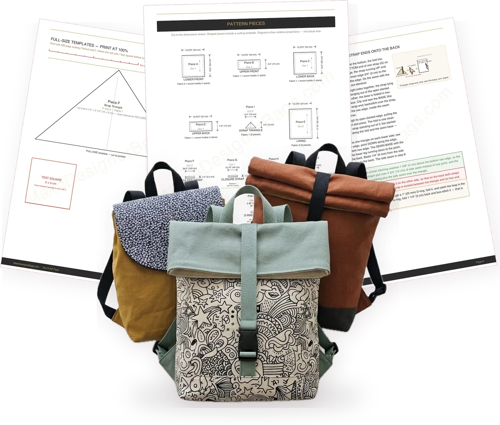 The FLAP, BUCKLE and ROLL Pack in front of their pattern pages