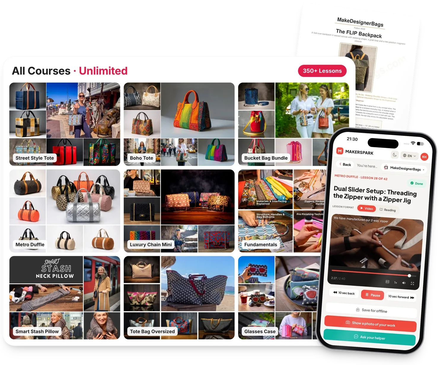 Unlimited: every course with 350+ video lessons, a Metro Duffle lesson in the MakerSpark app, and Pattern of the Week patterns